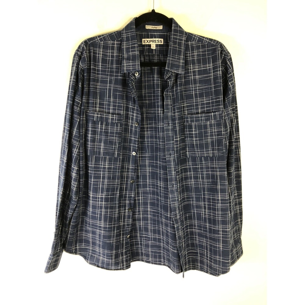 EXPRESS Mens‎ L Fitted Long Sleeve Mens Shirt Blue Plaid